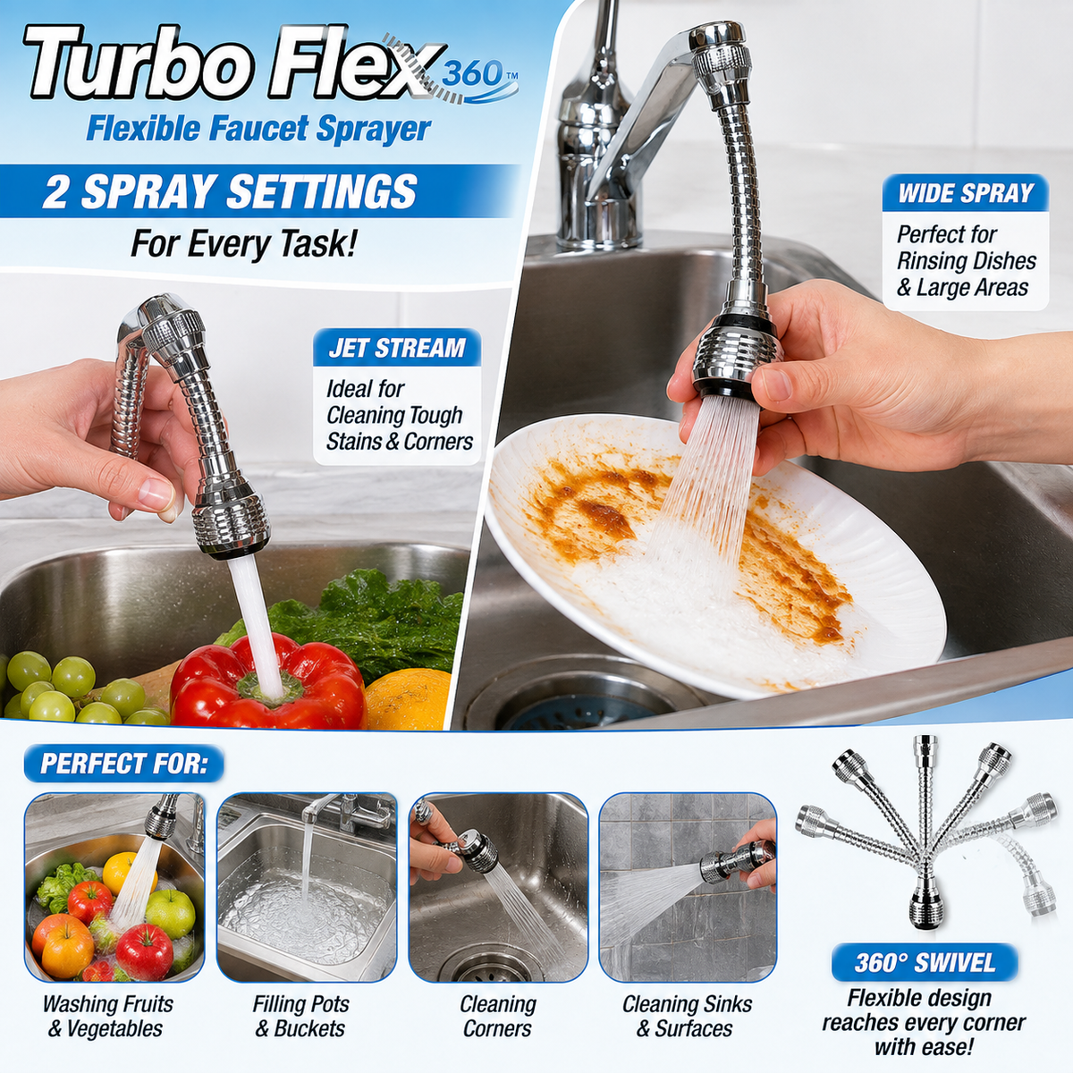 Flexible Turbo Faucet – 360° Rotating & Adjustable Water Nozzle